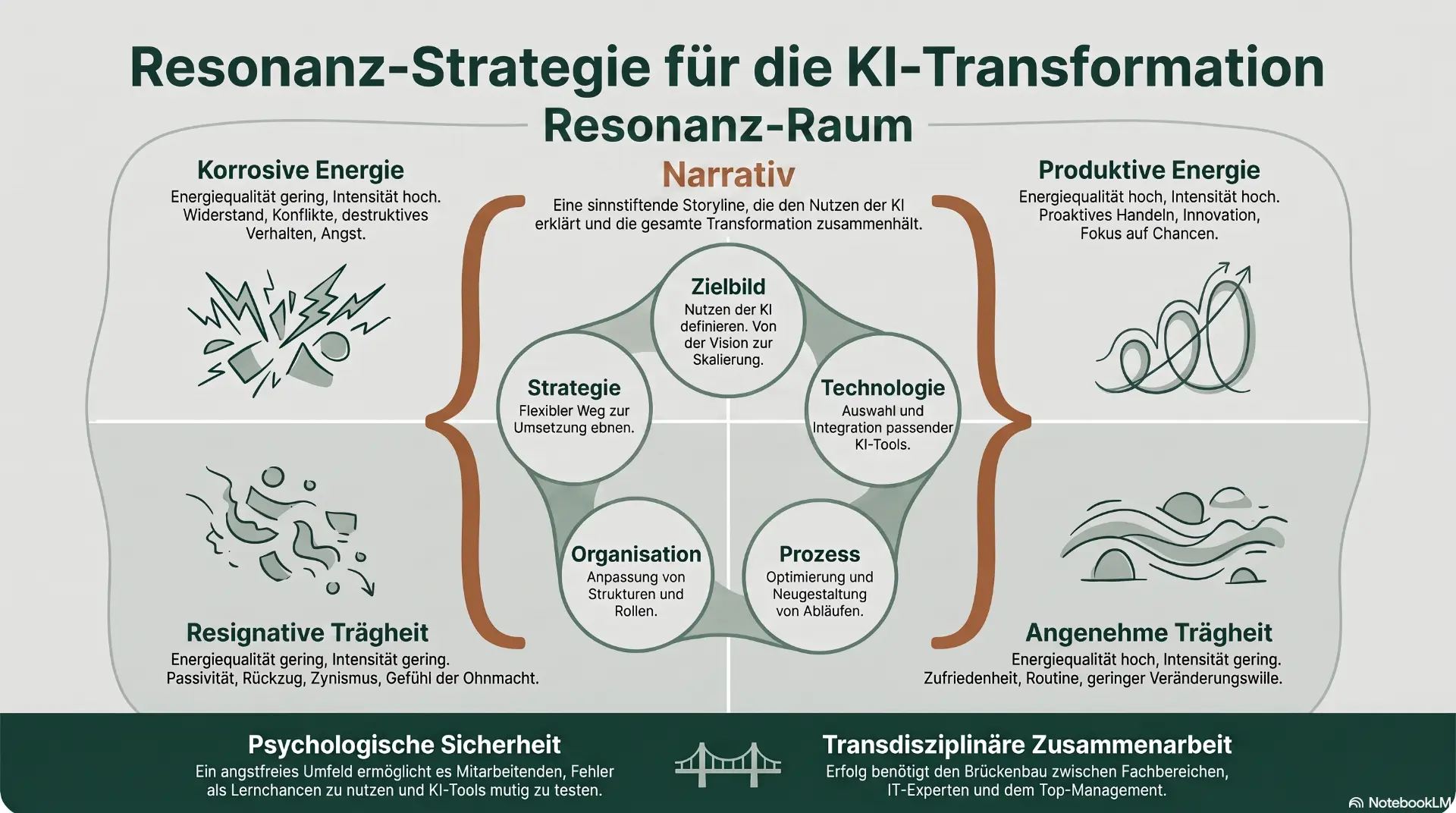 Resonanz-Strategie für die KI-Transformation: Resonanz-Raum mit Narrativ, Zielbild, Strategie, Technologie, Organisation und Prozess